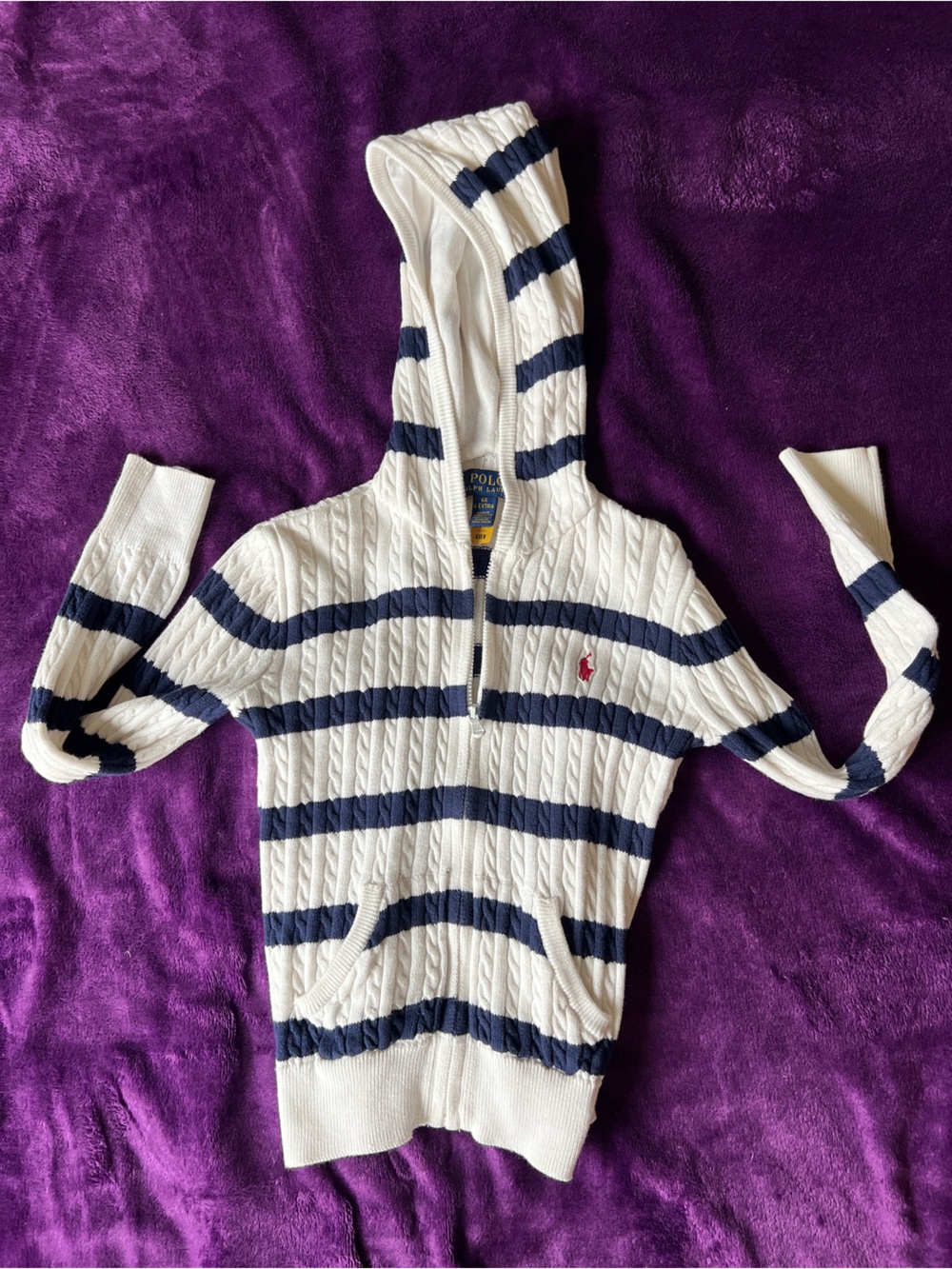 Polo by Ralph Lauren White & Navy Striped Cable-Knit Hooded One-Piece Size 6